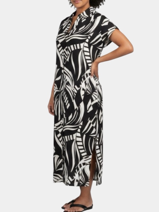 Tahari Dresses & Skirts - Tahari Linen Blend Kaftan Maxi Dress Black Off-White Geo Leaf Print • Size L